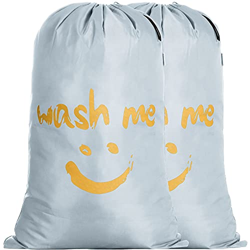 IHOMAGIC 2Pack Wäschesäcke mit Kordelzug Reise Schmutzwäsche Wash me Wäschesammler RIP-Stop Wäschetasche für Reise Wohnungen oder Häuser Goldene Lächeln Wäschebehälter 66x96cm (Silbrig) von IHOMAGIC