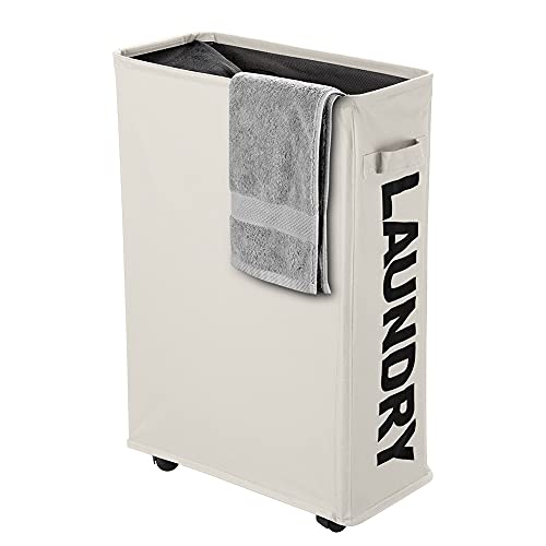 IHOMAGIC Wäschekorb mit Rädern, Faltbarer dünner Wäschesammler, Zusammenklappbarer Rechteckiger Wäschebehälter Sammler für Schlafzimmer, Wohnung, Hotel, 40L, 39x18.5x58cm, Beige von IHOMAGIC