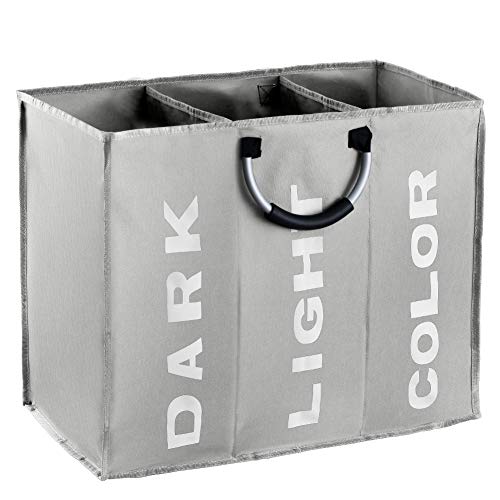 IHOMAGIC Wäschesortierer 3 Fächer, Faltbarer Wäschekorb Sortierer, Hell Dunkel Wäschesammler, 3 Fach Braun Kinderzimmer Kinder Baby Wäschebox, Wäschesack Wäschetasche Stoff Groß, 90L, 60×32×49cm, Grau von IHOMAGIC