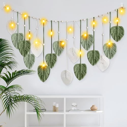 IHONYI Boho Deko - Makramee Wandbehang,Wandteppich Chic Tapisserie Fransengirlande Mit 3M LED Lichterkette,Handgewebt Girlande Boho Wanddeko Für Wohnzimmer/Schlafzimmer/Balkon/kinderzimmer(Blatt) von IHONYI