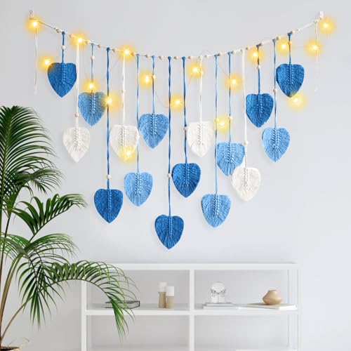 IHONYI Boho Deko - Makramee Wandbehang,Wandteppich Chic Tapisserie Fransengirlande Mit 3M LED Lichterkette,Handgewebt Girlande Boho Wanddeko Für Wohnzimmer/Schlafzimmer/Balkon/kinderzimmer(Blau Blatt) von IHONYI