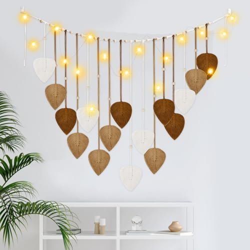 IHONYI Boho Deko - Makramee Wandbehang,Wandteppich Chic Tapisserie Fransengirlande Mit 3M LED Lichterkette,Handgewebt Girlande Boho Wanddeko Für Wohnzimmer/Schlafzimmer/Balkon/kinderzimmer(Braun) von IHONYI