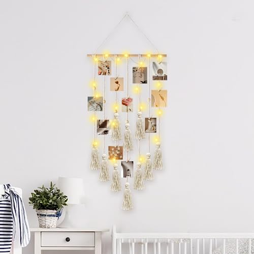 IHONYI Boho Deko - Makramee Wandbehang Foto Hängendes,Wanddeko Chic Gewebte Tapisserie,Fotowand für Schlafzimmer/Wohnzimmer,Fotoleine Girlande Boho mit 30 Holzklammern,108cm (L) x 42cm (W) von IHONYI