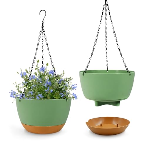 IHONYI Hängeampel - 2 Pack Blumentopf Hängend, 21cm Blumenampel Hängendinnen/Auben,Hängetopf Mit Ketten, Drainagelöchern Und Abnehmbarem Untersetzer, Blumentöpfefiir Garten/Wohnzimmer (Grün) von IHONYI