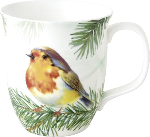 IHR - BOC 1087120 - Kaffee Becher, Rotkehlchen, Charming Robin, Porzellan, Bone China, 10cm x 9cm, 375ml, spülmaschinen- und mikrowellengeeignet von IHR Ideal Home Range