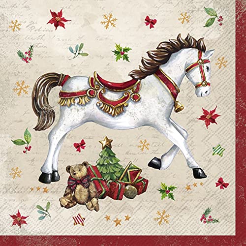 IHR Ideal Home Range - Servietten Weihnachtsfest FESTIVE HORSE cream festlich Sterne Pferd Sattel Tannenbaum Blätter Blüten winterlich 20 St. Cocktail-Servietten 25 cm x 25 cm von IHR Ideal Home Range