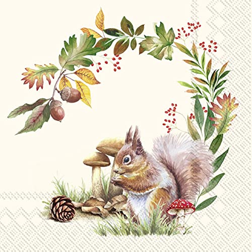 IHR Ideal Home Range - Papierservietten SQUIRREL IN THE FOREST cream 20 St. Cocktail-Servietten 25 cm x 25 cm von IHR Ideal Home Range