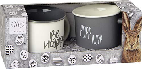 IHR - POJ 850100 - Kaffeebecher Set, 2 Stück, Ostern, Be Happy, Hopp Hopp, Porzellan, grau, 8,5cm x 9,5cm, 350ml, mit Geschenkverpackung von IHR