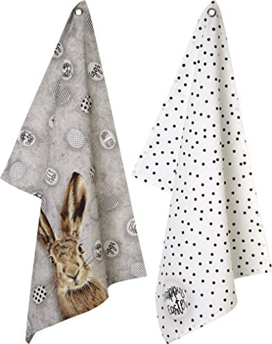 IHR - T 850100 - Geschirrtuch Set, 2 Stück, Hase, Ostern, Oh My Rabbit, grau, Baumwolle, Bedruckt, 50cm x 70cm, waschbar bis 40 Grad von IHR