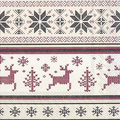 Papierservietten, Norwegischer Strick, creme-rot, Weihnachts-Cocktail- oder Teeservietten, quadratisch, 25 cm, 20 Stück von IHR