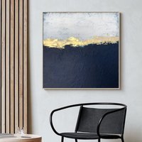 Große Blau Gold Leinwand Abstrakte Original Handgemalte Kunst Marine Strukturierte Malerei Auf Blattgold Dunkelblau von IIArtDesign