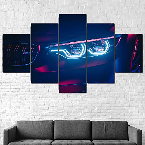 IIIUHU Bilder BMW M4 LED Scheinwerfer Super Car 125x60cm 5 Teilig Leinwandbilder Bild auf Leinwand Wandbild Hd Drucke Kunstdruck Wand Wohnzimmer Wanddekoration von IIIUHU