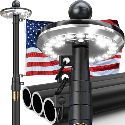 Teleskop-Fahnenmast mit Solarlicht, extra dickes 11-Gauge-Aluminium, True Glory Edition, einfache Einrichtung für Haus oder Hof, mit 7,6 x 12,7 cm (3 x 5 Zoll) USA-Flagge und allen von IIOPE