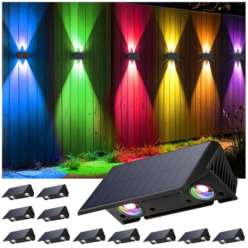 IIRARA wandleuchte solar außen solar wandleuchte aussen solarlampen Nach Oben und Unten Beleuchtet 4 LEDs IP67 Wasserdichte Solarleuchte für Garten Balkon Terrasse Treppen RGB 12er von IIRARA