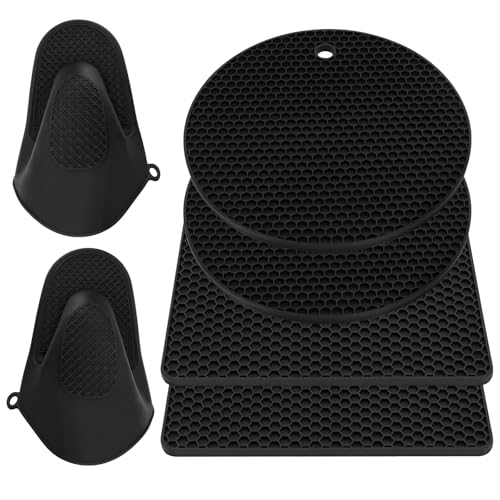 IIRC Topfuntersetzer 4er Set, Untersetzer Topf mit 1 Paar Ofenhandschuhe Silikon(Verdicken), rutschfest, Langlebig, BPA-Frei, Spülmaschinenfest von IIRC