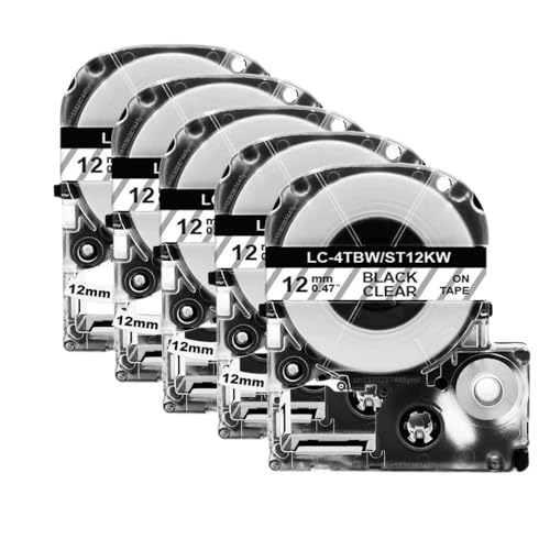 IJOSADON 12 mm SS12KW Band Kompatibel mit Etikettband SS12KW LK-4WBN ST12KW SC12RW SC12YW Kompatibel mit LW-300 LW-400-Etikettdrucker(5PK Black on Clear) von IJOSADON