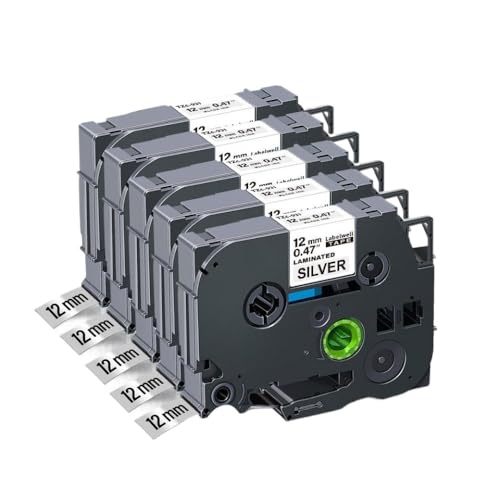 IJOSADON 3/5 -PCs kompatibles Etikettband 12 mm schwarz auf weiß gelb Kompatibel mit pth110 labelmacher tz231(Black on Silver-5PK) von IJOSADON