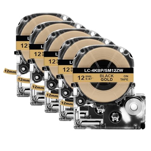 IJOSADON 5 Pack- oder 10-Pack-Kompatible SS12KW LK-4WBN Schwarz auf weißem 12-mm-Etikettband Kompatibel mit ausgewählte Etikettendrucker(5PK Black on Gold) von IJOSADON