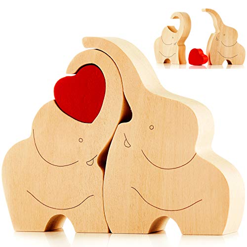 NOVECRAFTO Liebende hölzerne Liebe Elefantenpaar Figur mit rotem Herz - Holz-Elefanten Ornament Dekoration Geschenk von NOVECRAFTO
