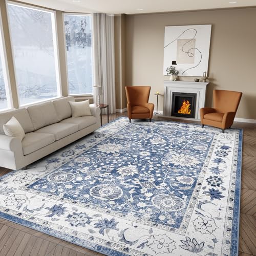 IKALIFE Teppich Wohnzimmer Vintage Waschbar - Kurzflor Waschbarer Teppich rutschfest Super Weich Blumen Design Groß Wohnzimmerteppich für Esszimmer Schlafzimmer 120x170 cm Blau von IKALIFE