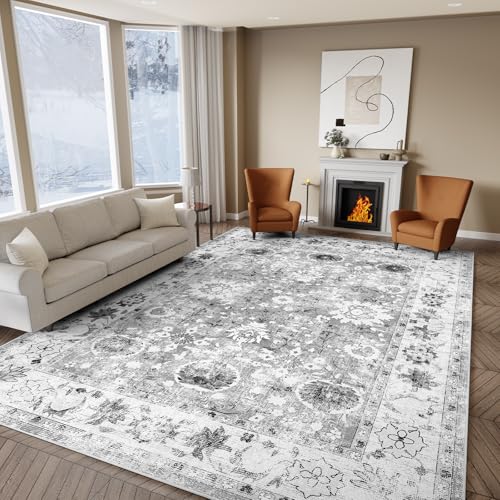 IKALIFE Teppich Wohnzimmer Vintage Waschbar - Kurzflor Waschbarer Teppich rutschfest Super Weich Blumen Design Groß Wohnzimmerteppich für Esszimmer Schlafzimmer 160x230 cm Grau von IKALIFE