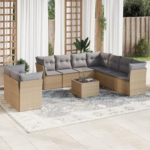 IKAYAA 10-TLG Loungemöbel Set Gartenlounge Outdoor Polyrattan Gartenmöbel Set Gartenlounge XXL Terrassenmöbel außen Ecklounge Beige und Grau Type-58 von IKAYAA