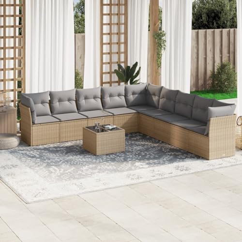 IKAYAA 10-TLG Loungemöbel Set Gartenlounge Outdoor Polyrattan Gartenmöbel Set Gartenlounge XXL Terrassenmöbel außen Ecklounge Beige und Grau Type-71 von IKAYAA