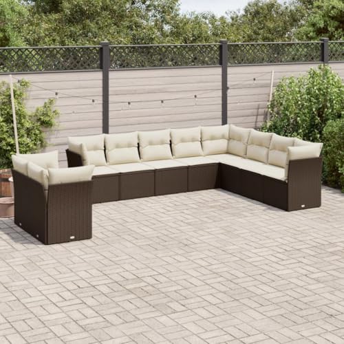 IKAYAA 10-TLG Loungemöbel Set Gartenlounge Outdoor Polyrattan Gartenmöbel Set Gartenlounge XXL Terrassenmöbel außen Ecklounge Braun und Creme Type-56 von IKAYAA