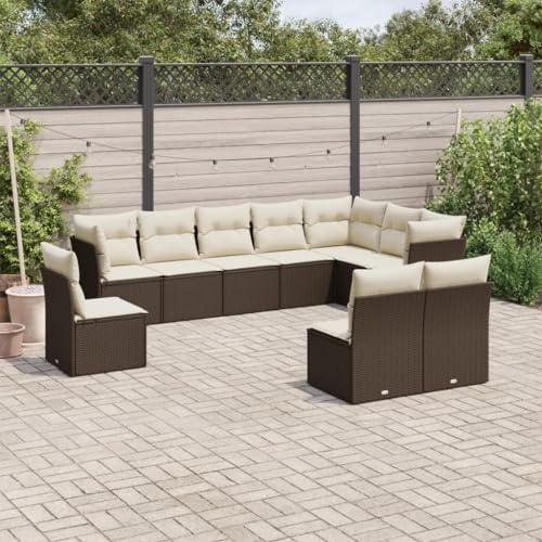 IKAYAA 10-TLG Loungemöbel Set Gartenlounge Outdoor Polyrattan Gartenmöbel Set Gartenlounge XXL Terrassenmöbel außen Ecklounge Braun und Creme Type-67 von IKAYAA