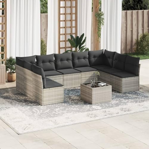 IKAYAA 10-TLG Loungemöbel Set Gartenlounge Outdoor Polyrattan Gartenmöbel Set Gartenlounge XXL Terrassenmöbel außen Ecklounge Hellgrau Type-1 von IKAYAA
