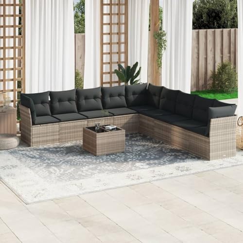 IKAYAA 10-TLG Loungemöbel Set Gartenlounge Outdoor Polyrattan Gartenmöbel Set Gartenlounge XXL Terrassenmöbel außen Ecklounge Hellgrau Type-70 von IKAYAA