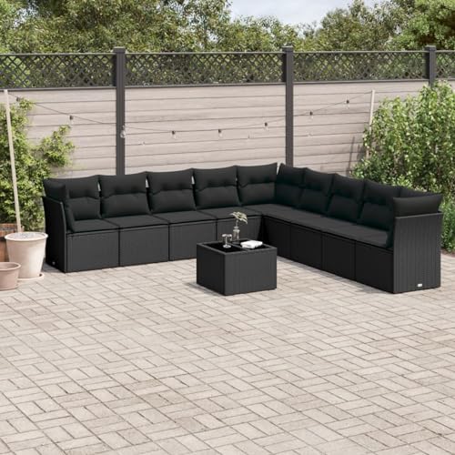 IKAYAA 10-TLG Loungemöbel Set Gartenlounge Outdoor Polyrattan Gartenmöbel Set Gartenlounge XXL Terrassenmöbel außen Ecklounge Schwarz Type-72 von IKAYAA