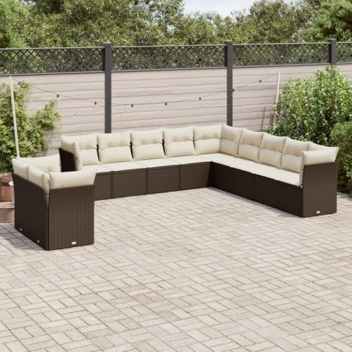 IKAYAA 11-TLG Loungemöbel Set Gartenlounge Outdoor Polyrattan Gartenmöbel Set Gartenlounge XXL Terrassenmöbel außen Ecklounge Braun und Creme Type-49 von IKAYAA