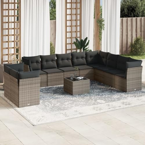 IKAYAA 11-TLG Loungemöbel Set Gartenlounge Outdoor Polyrattan Gartenmöbel Set Gartenlounge XXL Terrassenmöbel außen Ecklounge Grau Type-53 von IKAYAA