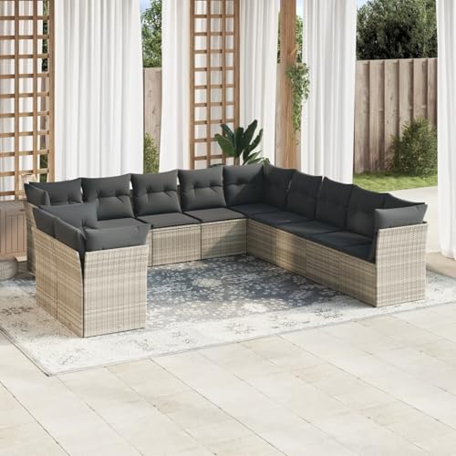 IKAYAA 11-TLG Loungemöbel Set Gartenlounge Outdoor Polyrattan Gartenmöbel Set Gartenlounge XXL Terrassenmöbel außen Ecklounge Hellgrau Type-50 von IKAYAA