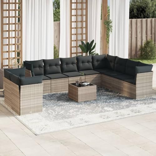 IKAYAA 11-TLG Loungemöbel Set Gartenlounge Outdoor Polyrattan Gartenmöbel Set Gartenlounge XXL Terrassenmöbel außen Ecklounge Hellgrau Type-52 von IKAYAA