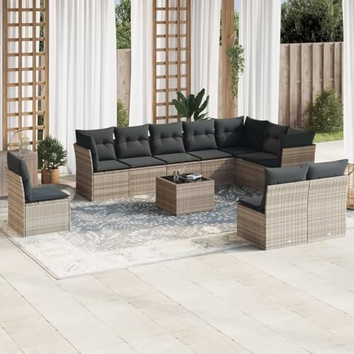 IKAYAA 11-TLG Loungemöbel Set Gartenlounge Outdoor Polyrattan Gartenmöbel Set Gartenlounge XXL Terrassenmöbel außen Ecklounge Hellgrau Type-63 von IKAYAA