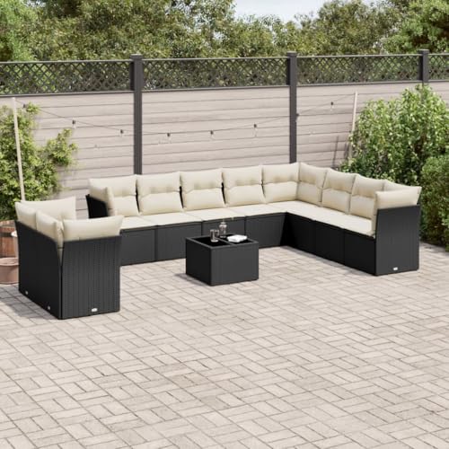 IKAYAA 11-TLG Loungemöbel Set Gartenlounge Outdoor Polyrattan Gartenmöbel Set Gartenlounge XXL Terrassenmöbel außen Ecklounge Schwarz und Creme Type-54 von IKAYAA