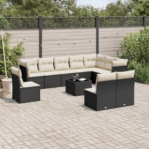 IKAYAA 11-TLG Loungemöbel Set Gartenlounge Outdoor Polyrattan Gartenmöbel Set Gartenlounge XXL Terrassenmöbel außen Ecklounge Schwarz und Creme Type-66 von IKAYAA