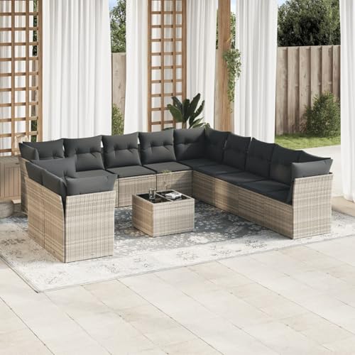 IKAYAA 12-TLG Loungemöbel Set Gartenlounge Outdoor Polyrattan Gartenmöbel Set Gartenlounge XXL Terrassenmöbel außen Ecklounge Hellgrau Type-48 von IKAYAA