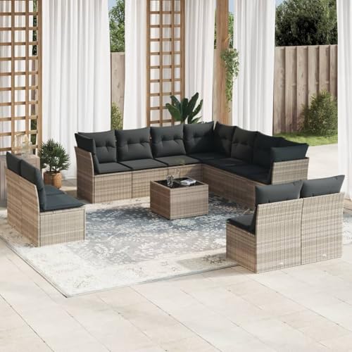 IKAYAA 12-TLG Loungemöbel Set Gartenlounge Outdoor Polyrattan Gartenmöbel Set Gartenlounge XXL Terrassenmöbel außen Ecklounge Hellgrau Type-61 von IKAYAA