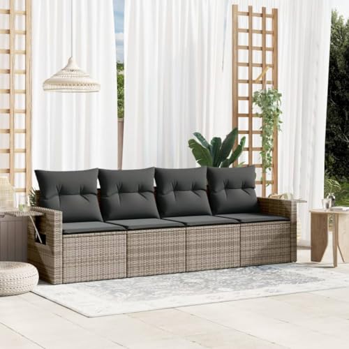 IKAYAA 4-TLG Balkon Sofa, Rattan Sofa 3 Sitzer, Rattan Sofa Outdoor, Gartensofa 3 Sitzer, Gartensofa, Lounge Möbel Outdoor, Garten Loungemöbel Set, mit Kissen Poly Rattan Grau von IKAYAA
