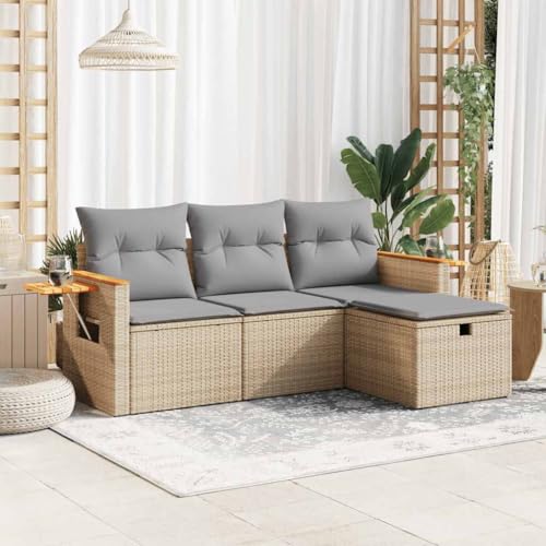 IKAYAA 4-TLG Polyrattan Lounge mit Stauraum Balkon Lounge Klein Gartenlounge Ecklounge Ecksofa Outdoor Loungemöbel Rattan Gartenmöbel Sitzlounge Balkon Gartensofa Balkonsofa Beige und Grau Type 26 von IKAYAA