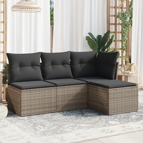 IKAYAA 4-TLG Rattan Gartenmöbel Set, Balkon Lounge, Outdoor Loungemöbel Rattan Sitzlounge Ecklounge Ecksofa Gartensofa Balkonsofa Grau Type-77 von IKAYAA