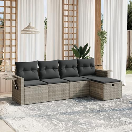 IKAYAA 5-TLG Balkon Lounge Gartenlounge Klein Rattan Sofa Balkonsofa Kleiner Balkon Sitzecke Balkon Loungemöbel Gartensofa Ecksofa Hellgrau von IKAYAA