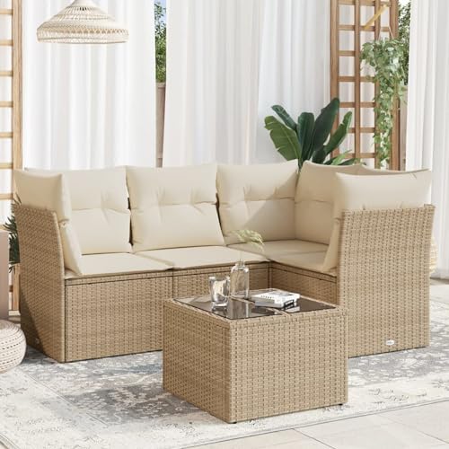 IKAYAA 5-TLG Rattan Gartenmöbel Set, Balkon Lounge, Outdoor Loungemöbel Rattan Sitzlounge Ecklounge Ecksofa Gartensofa Balkonsofa Beige und Creme Type-45 von IKAYAA