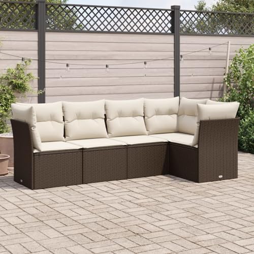 IKAYAA 5-TLG Rattan Gartenmöbel Set, Balkon Lounge, Outdoor Loungemöbel Rattan Sitzlounge Ecklounge Ecksofa Gartensofa Balkonsofa Braun und Creme Type-39 von IKAYAA