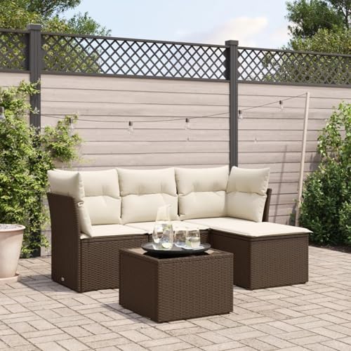 IKAYAA 5-TLG Rattan Gartenmöbel Set, Balkon Lounge, Outdoor Loungemöbel Rattan Sitzlounge Ecklounge Ecksofa Gartensofa Balkonsofa Braun und Creme Type-56 von IKAYAA