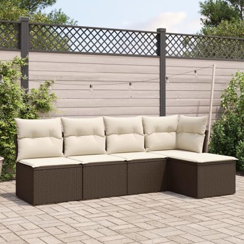 IKAYAA 5-TLG Rattan Gartenmöbel Set, Balkon Lounge, Outdoor Loungemöbel Rattan Sitzlounge Ecklounge Ecksofa Gartensofa Balkonsofa Braun und Creme Type-68 von IKAYAA