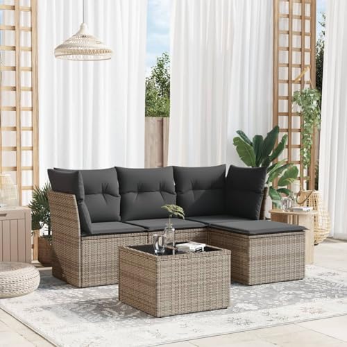IKAYAA 5-TLG Rattan Gartenmöbel Set, Balkon Lounge, Outdoor Loungemöbel Rattan Sitzlounge Ecklounge Ecksofa Gartensofa Balkonsofa Grau Type-57 von IKAYAA